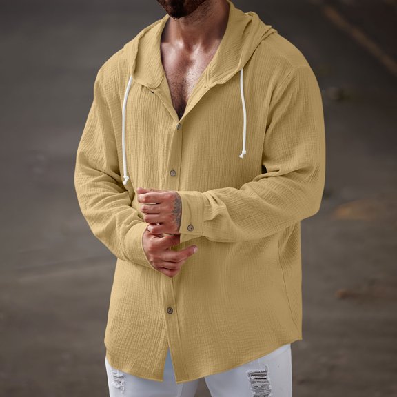 Wovilon Summer Casual Relaxed Fit Hooded Button Down Shirt for Men, Lightweight Textured Long Sleeve Top with Drawstring Hood, Versatile Vacation Outdoor Outfit
