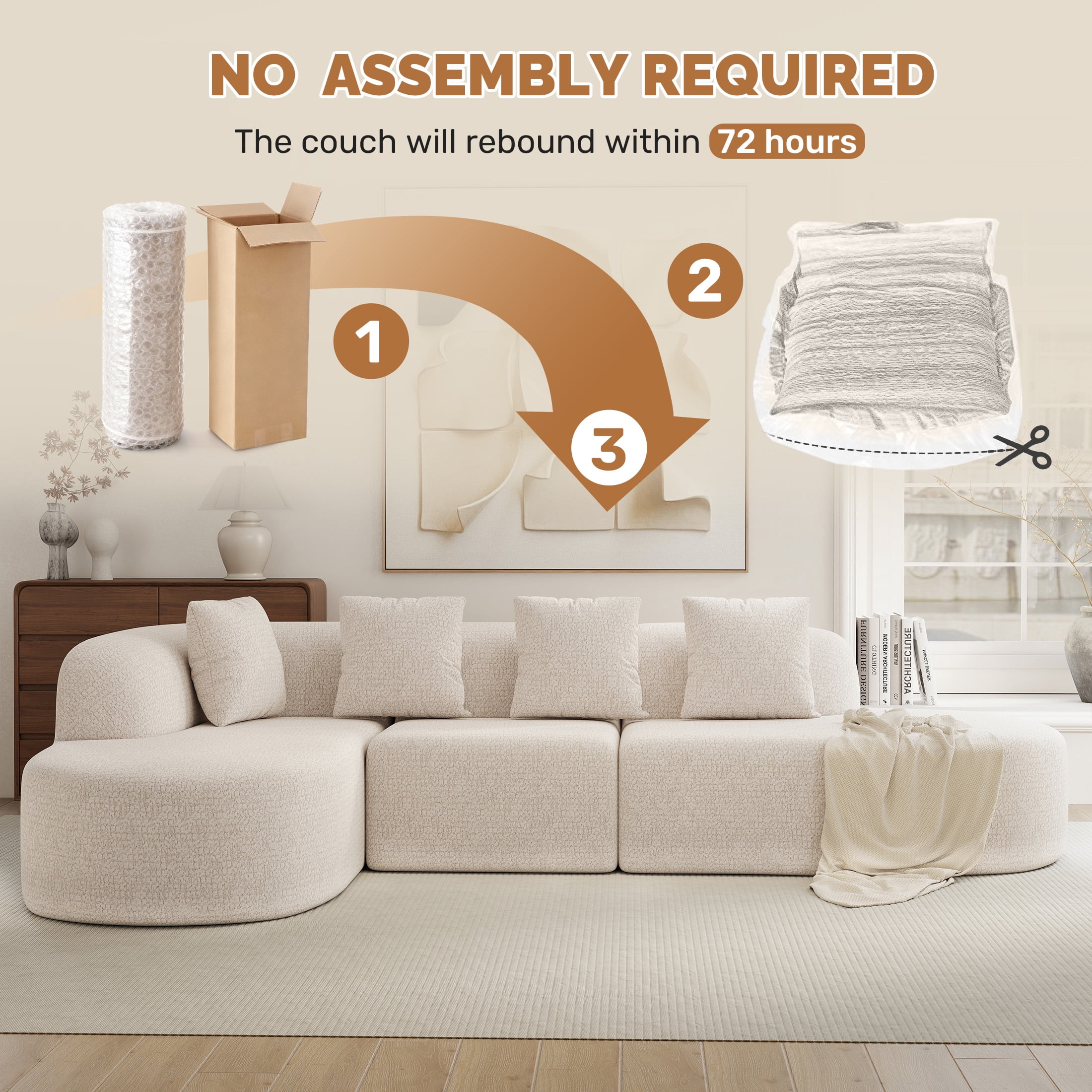 Daluvenix 114 Inch Boneless Couches for Living Room Modern Modular Sectional Sofa with Left Chaise L-Shape Cloud Sectional Couch