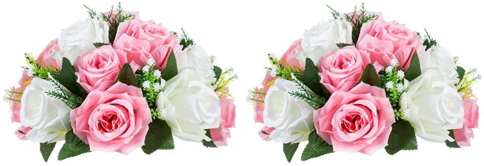 Suitable for Our Store's Wedding Centerpiece Flower Rack for Parties Valentine's Day Home Décor Pcs of 2 Fake Flower Ball Arrangement Bouquet,15 Heads Plastic Roses with Base Red & White