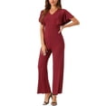 thumbnail image 1 of Mono V de inspiración Chic para mujer, con cintura alta, mangas cortas con volantes, vestido casual elegante, pantalones anchos largos, color burdeos, talla XL, 1 of 6
