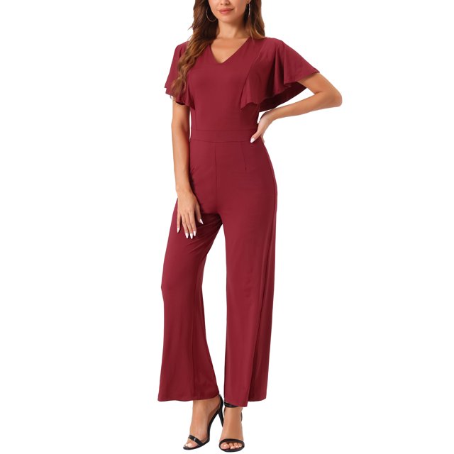 Mono V de inspiración Chic para mujer, con cintura alta, mangas cortas con volantes, vestido casual elegante, pantalones anchos largos, color burdeos, talla XL