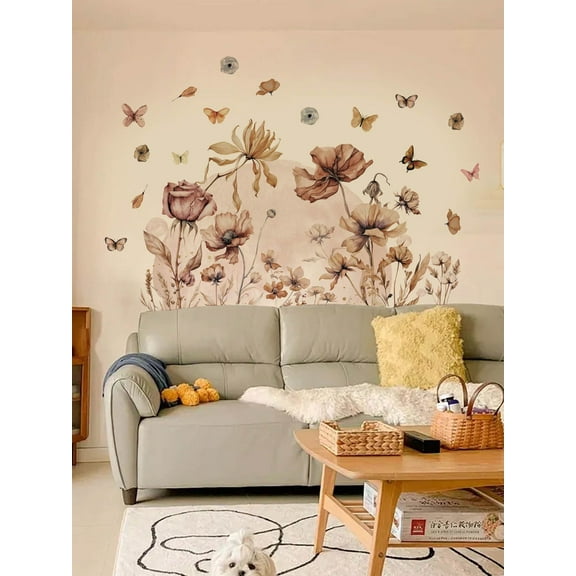 Boho Flower Wall Decals Garden Floral Butterflies Wildflower Wall Stickers Removable Self-Adhesive Vinyl Wall Clings for Living Room Bedroom Sofa TV Background Wall Art Decor