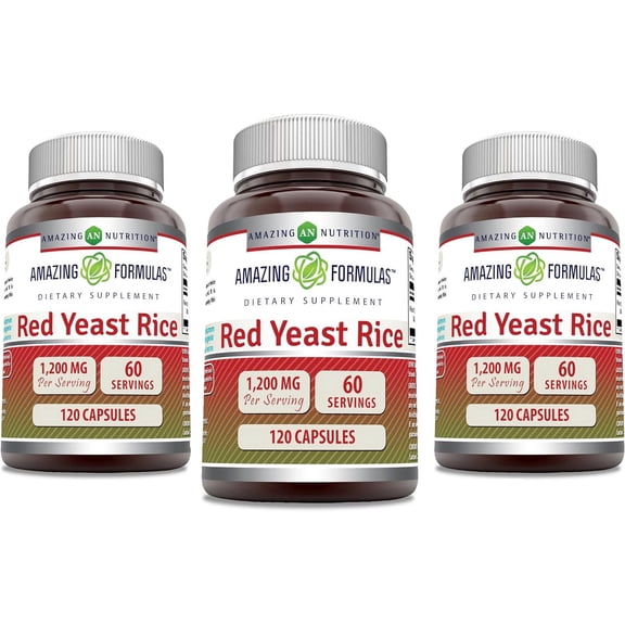 Amazing Formulas Red Yeast Rice 1200mg Per Serving 120 Capsules Supplement | Non-GMO | Gluten Free | Pack of 3