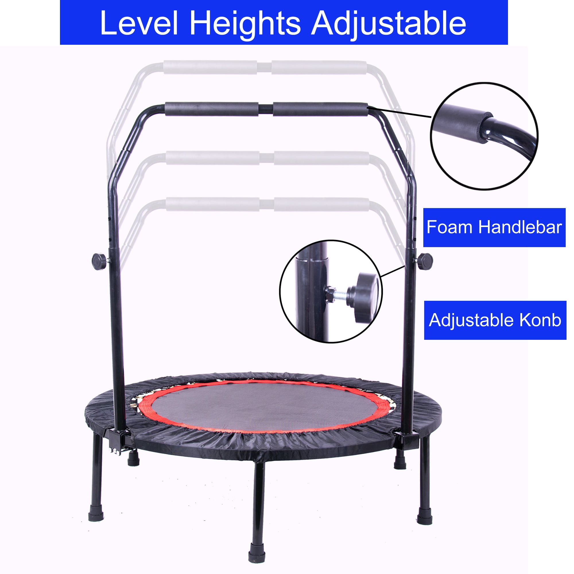 NOBOLEA 40 Inch Mini Exercise Trampoline, Foldable Indoor Rebounder with Adjustable Handle, 300LBS Capacity Fitness Trampoline for Adults Kids