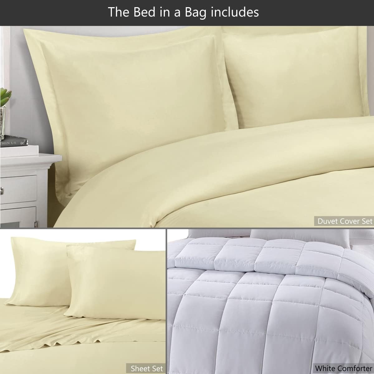 Sheetsnthings 8pc Bed in a Bag Set: Full Size, Viscose from Bamboo, Solid Beige (Sheet Set & Duvet Cover Set) + White Down Alternative Comforter