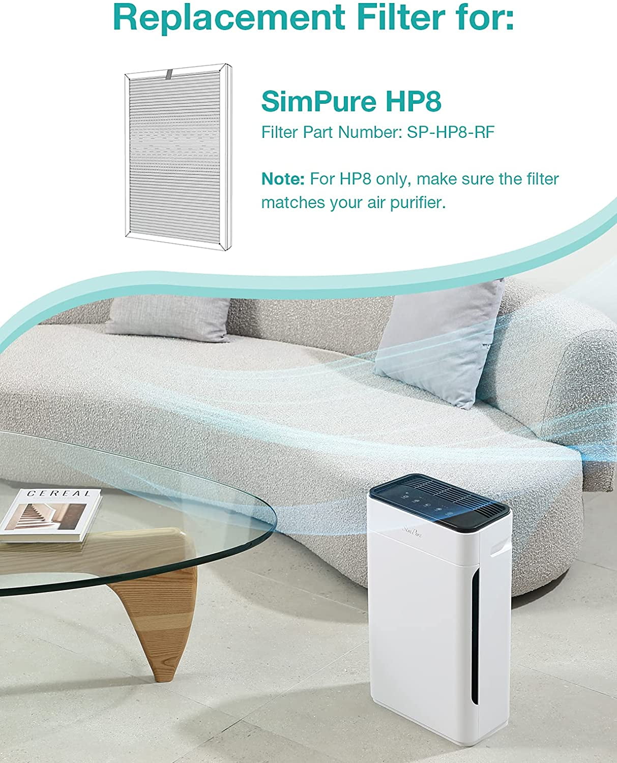 SimPure HP8 Original HEPA Replacement Filter Compatible with SimPure HP8 Air Purifier Filter,Remove 99.97% Pet Hair,Pack  of  1