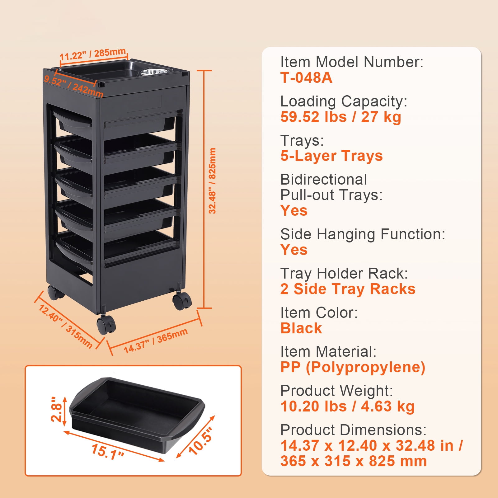 KFFKFF Beauty Salon Rolling Cart Plastic Salon Trolley with 5 Drawer and 4 Wheel