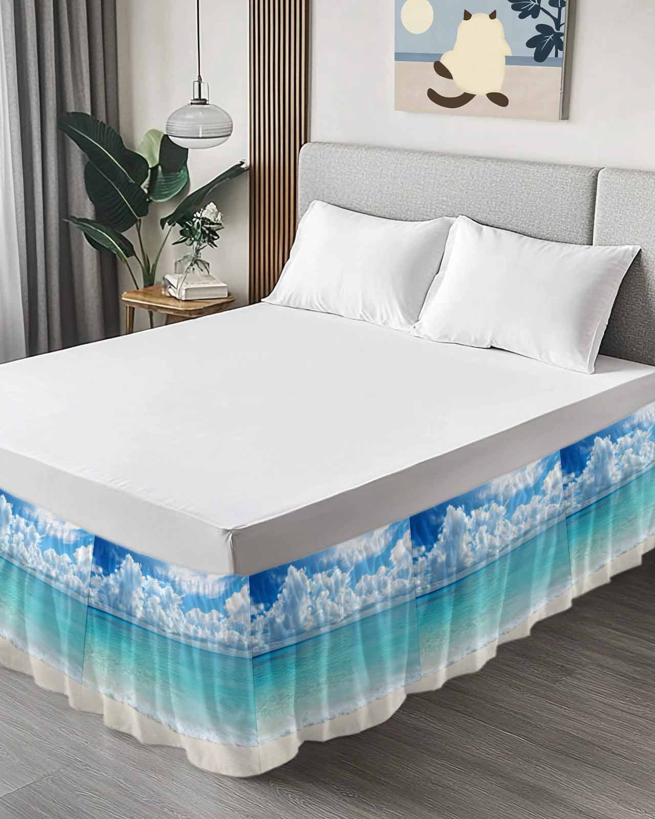 Ocean Blue Bed Skirt Queen Size, Beach Nature Coast Sea Shore Sky Seawater Wrap Around Bed Skirting with Adjustable Elastic Strap, Dust Ruffle Pleated Bedskirts 16 Inch Drop for Bedroom Queen Beds