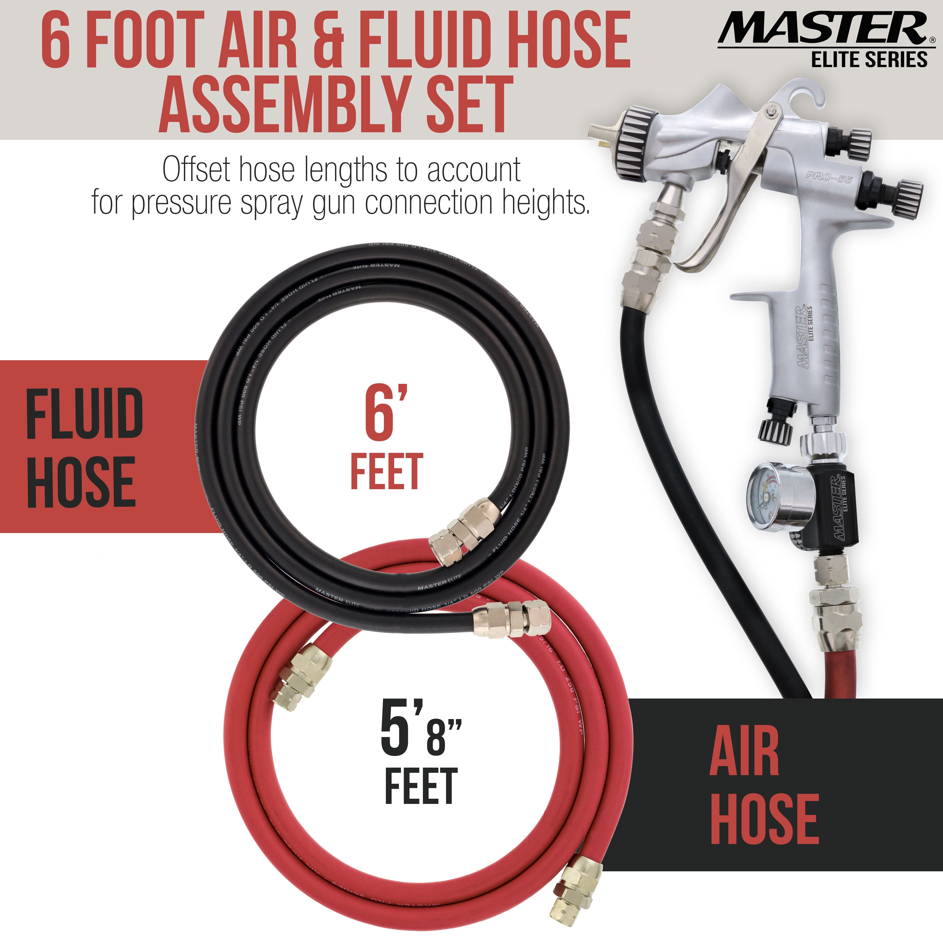Master Elite Series 6 Foot Air and Fluid Hose Assembly Set with Fittings for Spray Guns, Paint Pressure Pot Tanks, Professional Heavy Duty - Air Hose 3/8" NPS, 5/16" ID - Fluid Hose 1/4" NPS, 1/4" ID
