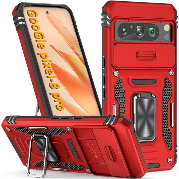 Military Grade Ring Holder Case with Camera Lens Cover for Google Pixel 8 Pro - Red
