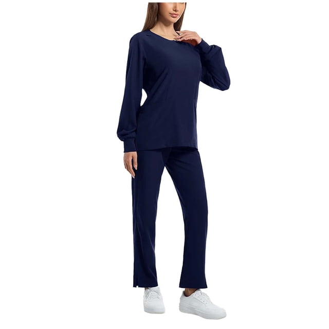 Floleo Ensemble d'Uniforme Infirmier Décontracté pour Femmes, Cardigan à Manches Longues et Col Rond avec Poches, Pantalon Confortable pour le Travail Quotidien au Bureau Printemps Été (Marine, TG)