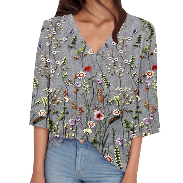 Gibobby Playera de Verano para Mujer Camiseta manga corta con cuello en V y estampado floral pequeño para mujer(Gris,XL)