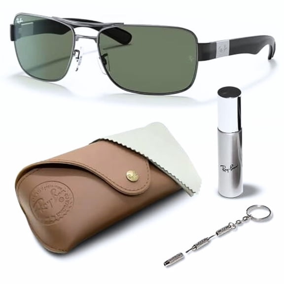 Ray-Ban RB3522 Square Shaped Non-Polarized Sunglasses for Men - Includes Official RAYBAN Eyewear Kit - Ideal Formal & Casual Wear Sunglasses - Green Lens