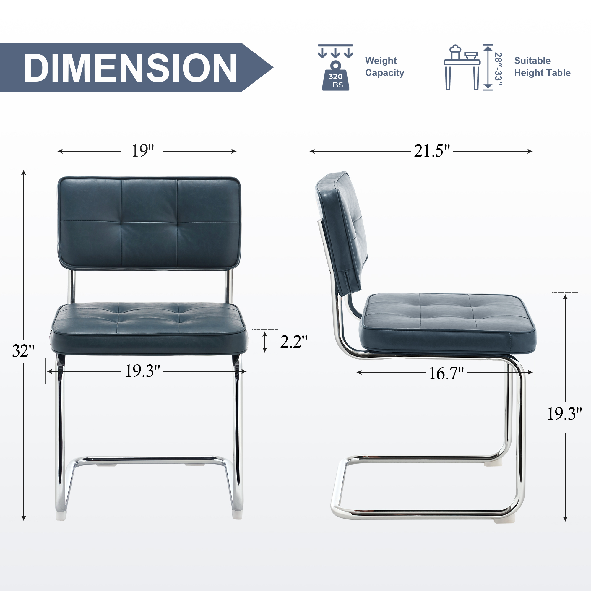 ONEVOG 19.3'' Mid-Century Modern Dining Chairs Set of 2, Faux Leather Cantilever Kitchen Chairs with Chrome Legs for Kitchen Dining room, Blue