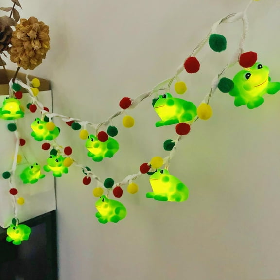 10LED String Lights with Frog Decorations, 1.65M Battery Powered, Green Frogs with Red Yellow Pom Poms, Sound Effects, Holiday Room Decor