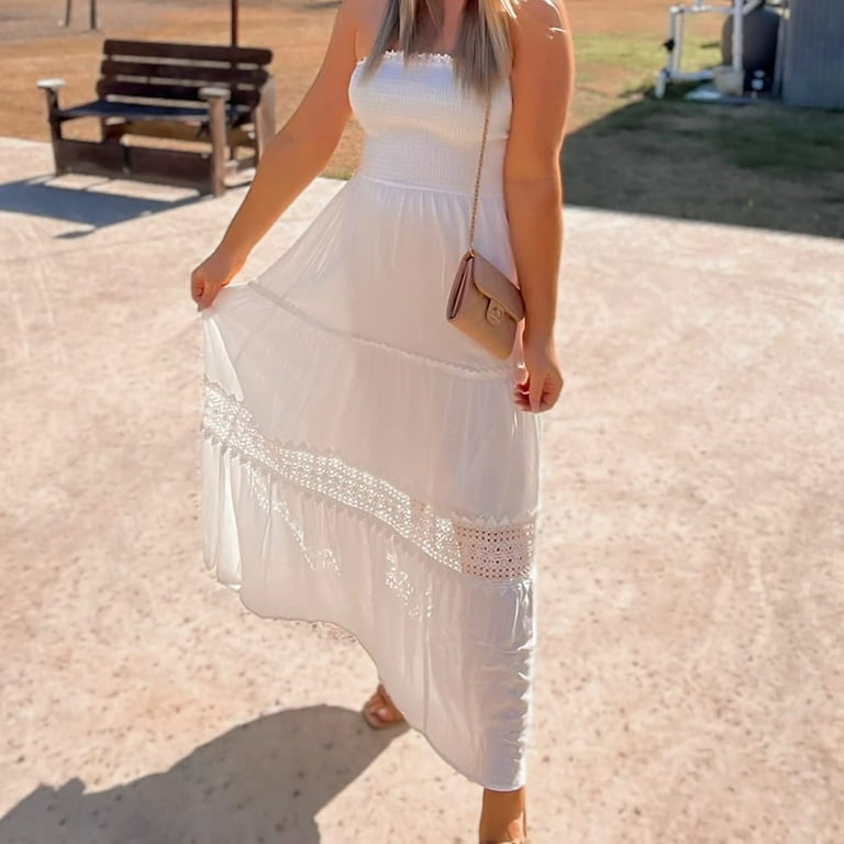 USSUMA Sun Dresses Women Summer Casual Sleeveless Smocked Tube Top Lae  Swing Flowy Long Maxi Sundresses for Women Solid Plus Size Dress for Women  V ...