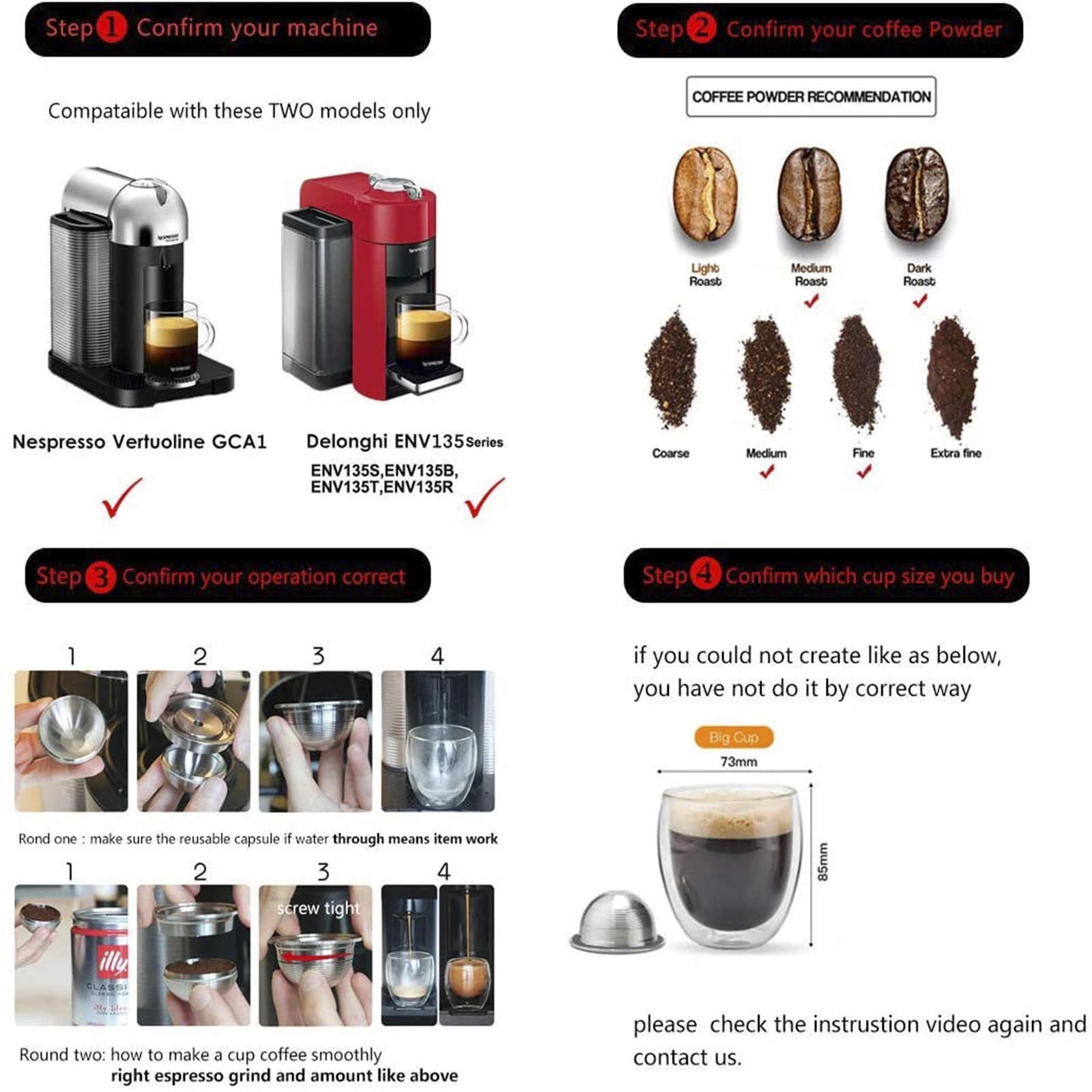 GUYUTING Reusable Coffee Filter for Vertuoline GCA1 Delonghi ENV135 Stainless Steel Metal Cover Eco-friendly Black