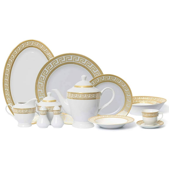 Euro Porcelain 57-pc Banquet Dinnerware Set Gold Greek Key - Luxury Tableware Dining Service for 8