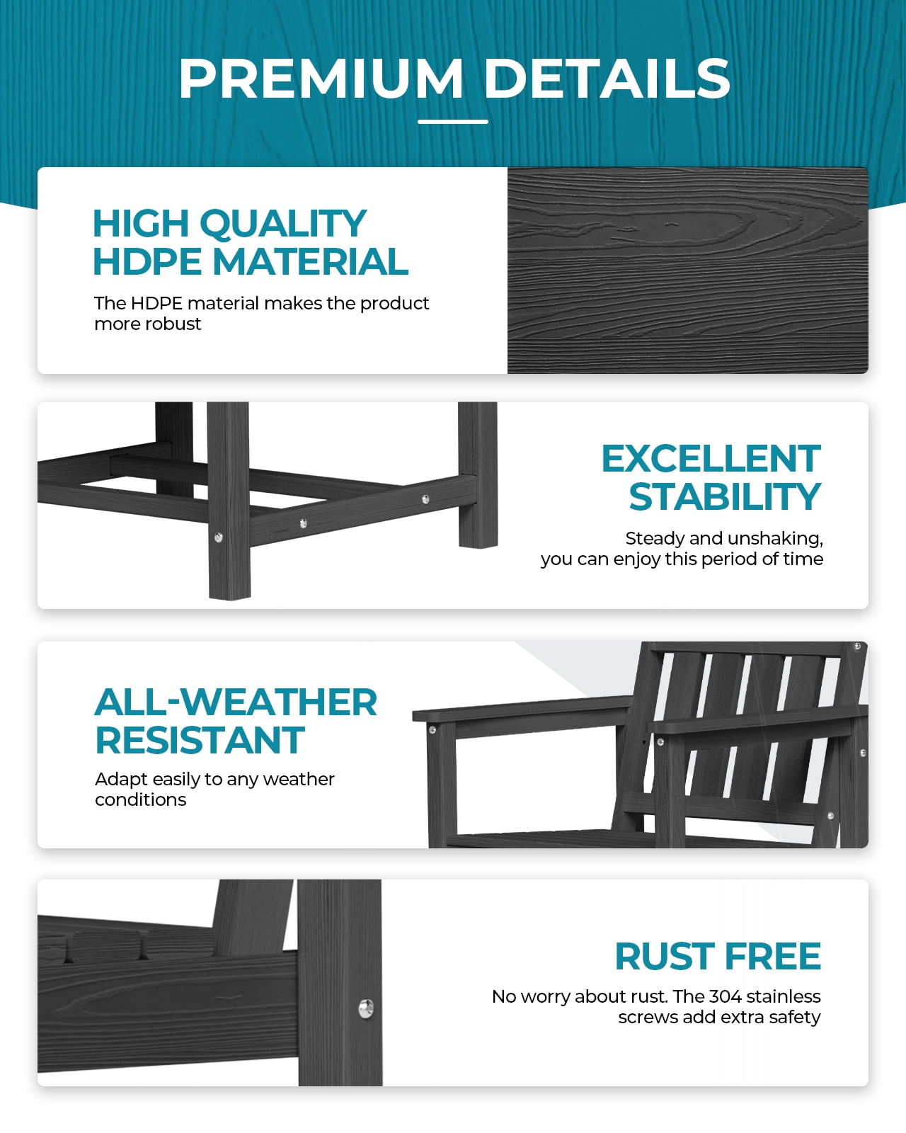 Harbweb 7pc HDPE Outdoor Dining Set, All-Weather Wood Grain Patio Furniture, Black