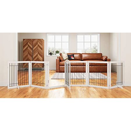 UPC: 0788601002417 | PAWLAND 144-inch Extra Wide 30-inches Tall Dog gate with Door Walk Through  Freestanding Wire Pet Gate for The House  Doorway  Stairs  Pet Puppy Safety Fence  Support Feet Included  White 6 Panels