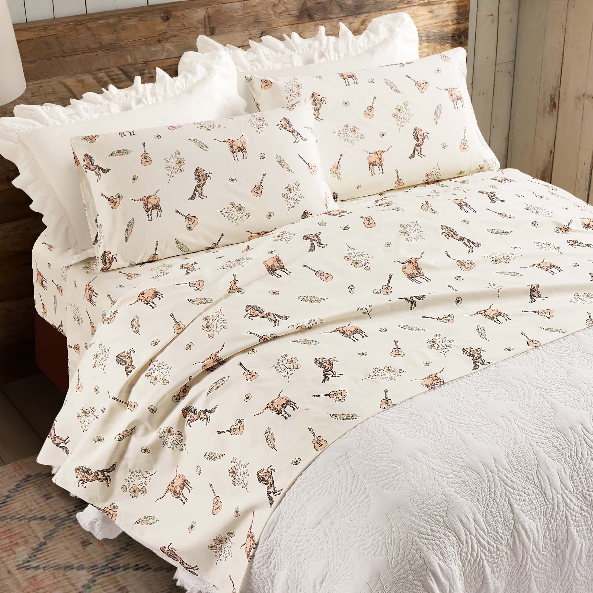 Watercolor Cowgirls 3-Piece Cotton Percale Twin Sheet Set - Cream, All Ages