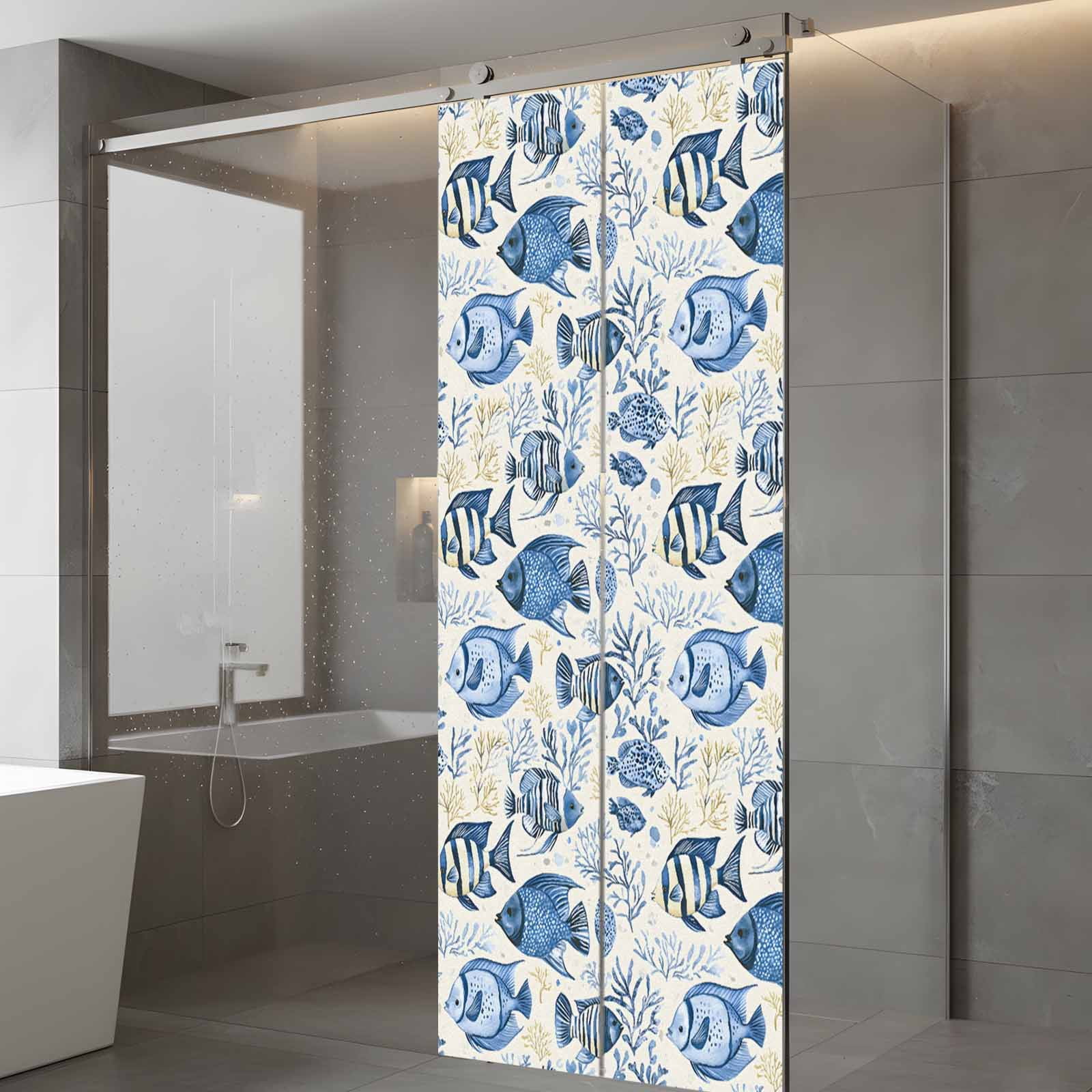 Tropical Marine Life Window Privacy Film, Watercolor Blue Fish Coral Frosted Glass Window Clings Static Cling UV Heat Blocking Reusable Door Sticker for Bathroom 23.6 x 59 Inch