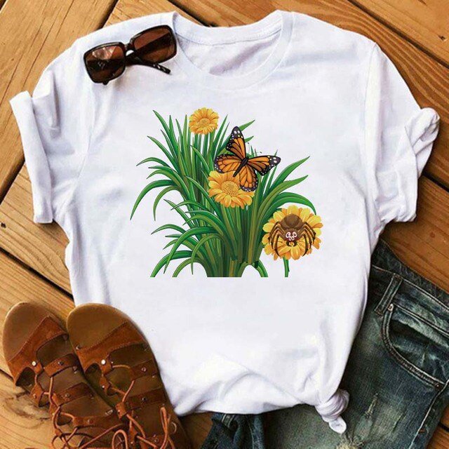 T-shirt Femme Imprimé Mode Fleur Papillon Manches Courtes Décontracté Haut Graphique