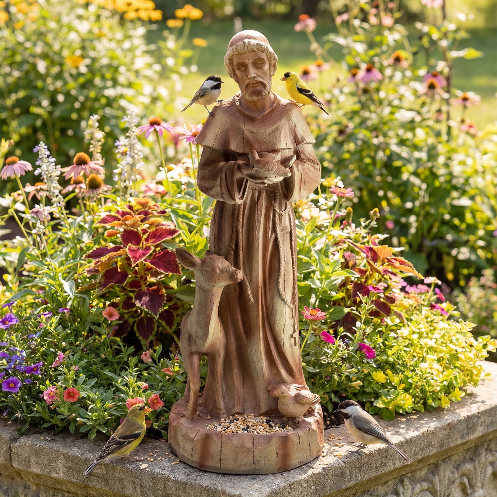 Costway 24.5” St. Francis Statue with Bird Feeder, Animals Sculpture for Garden, Yard, Lawn