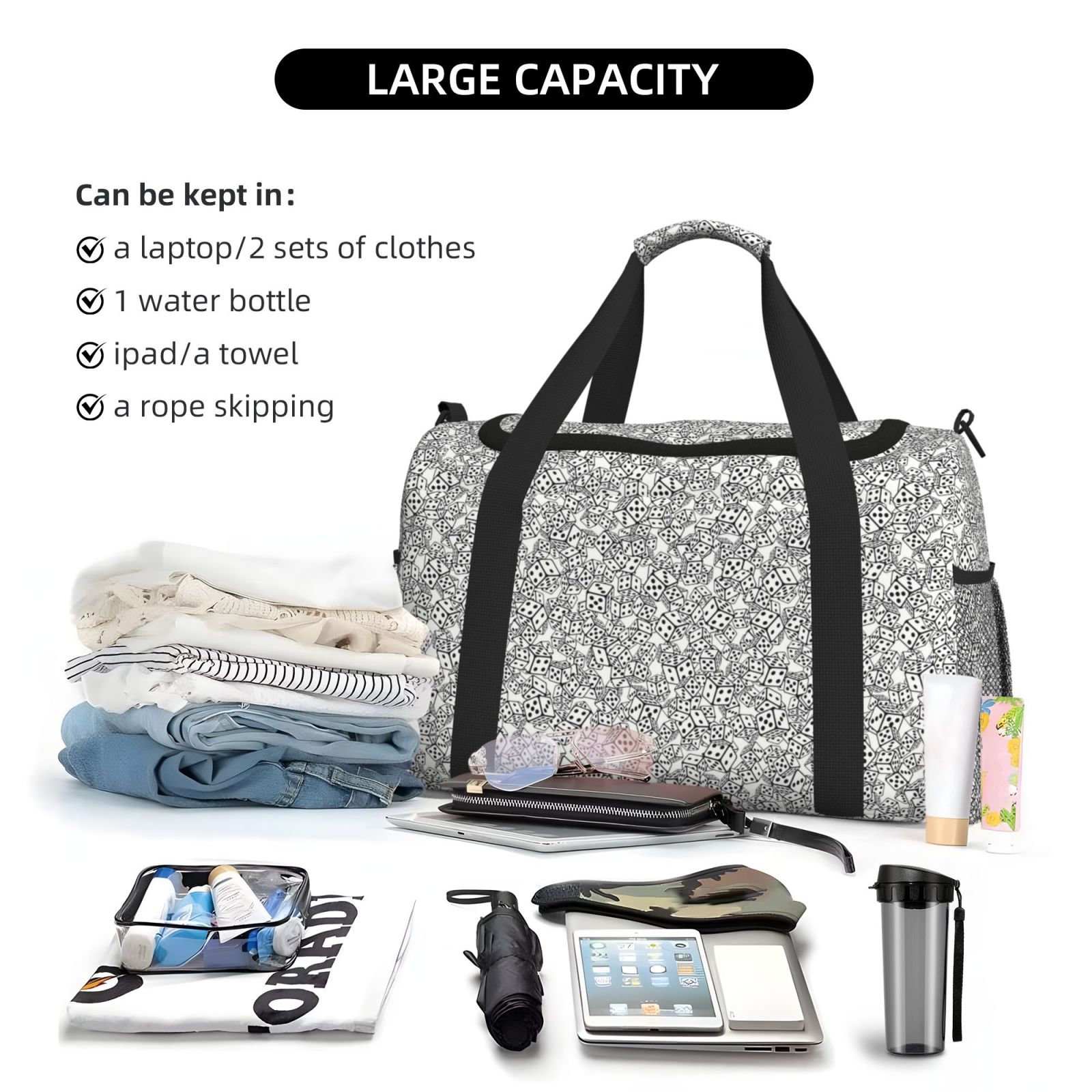 Picia Dice Cubes Print Travel Duffle Bag,Weekender Bags for Women with Shoe Compartment, Gym Duffel Bag with Wet Pocket, Hospital Bags for Labor and Delivery