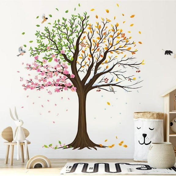 Large Tree Wall Decals Colorful Leaves Flower Wall Stickers Peel and Stick Wall Art Decals DIY Removable Vinyl Tree Wall Stickers for Living Room Kids Bedroom