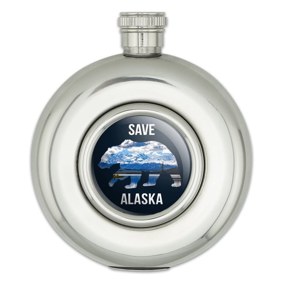 Save Alaska with Bear Mountains Water Round Stainless Steel 5oz Hip Drink Flask