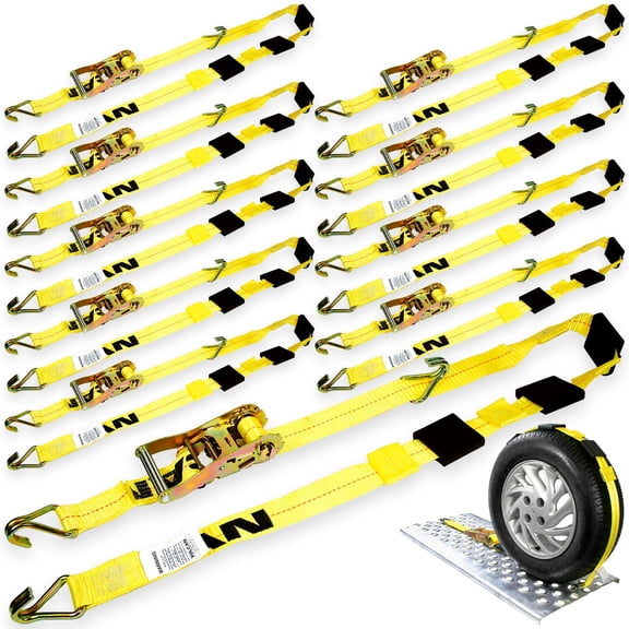 VULCAN Autohauler Car Tie Down, J Hooks, Sliding Idler 3-Cleat, 120 inch, 10 Pack, Yellow, 1600 Lbs SWL