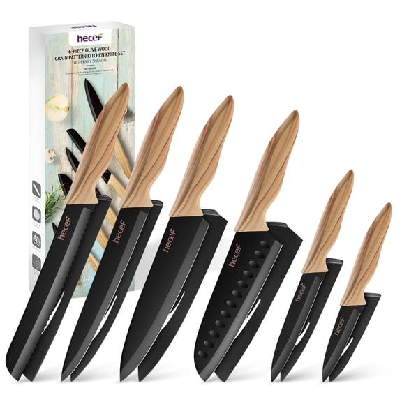 Hecef 6-Piece Kitchen Knife Set with Blade Guards, Black-Coated Stainless Steel Chef Knife Set with Olive Wood-Grain Handles
