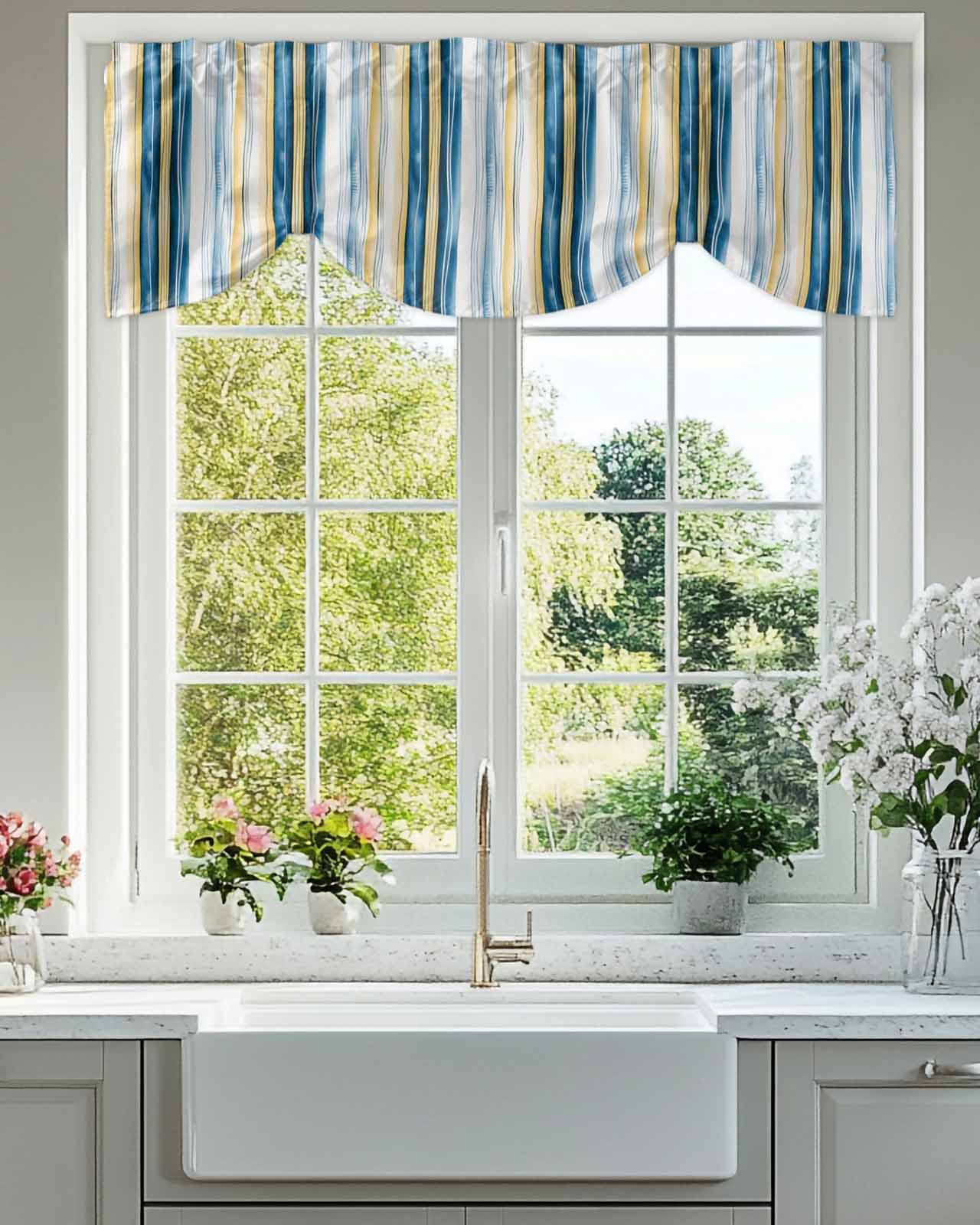 Vintage Stripes Tie Up Valances Curtain, Blue Yellow Striped Abstract Lines Gradient Kitchen Valances for Windows Decor, Rod Pocket Short Curtains Set for Bedroom/Bathroom, 54"x18"