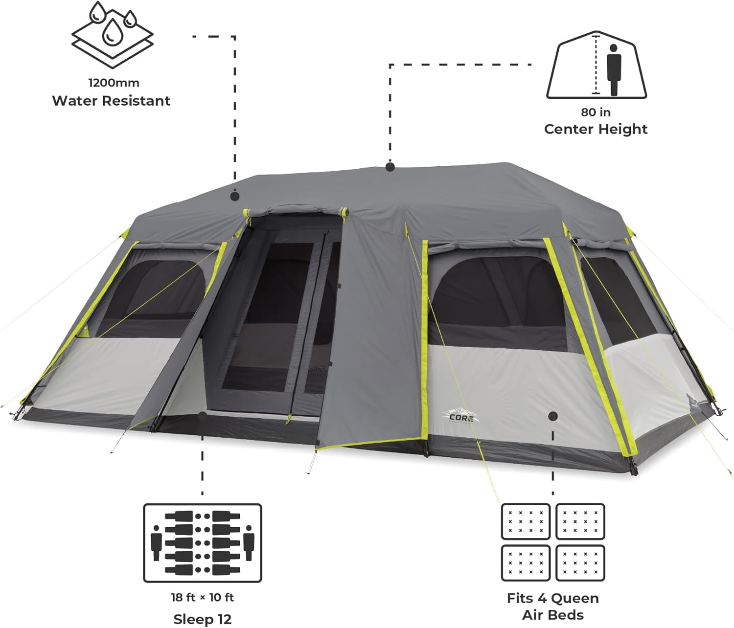 CORE 18' x 10' 12 Person Instant Cabin Camping Tent with Full Rainfly, 55lbs