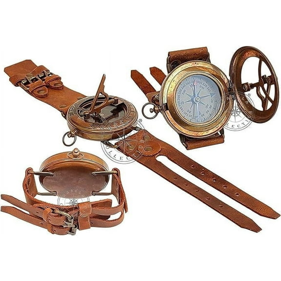 Hanzla Collection Steampunk Brass Sundial Compass Handmade Leather Band/Wrist Compass and Nautical Sundial Watch
