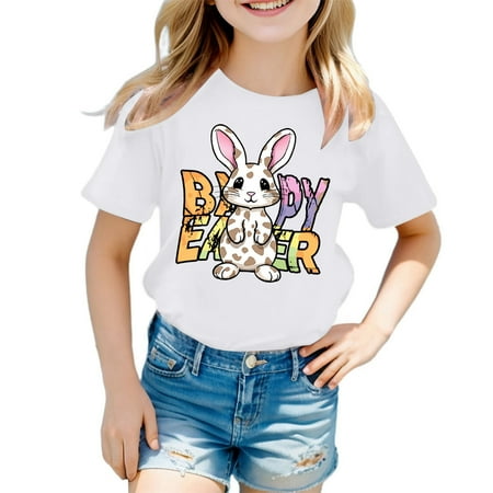 

Spring Summer Casual Short Sleeved T Shirt Easter Bunny Alphabet Printed Round Neck Comfortable Children s Wear