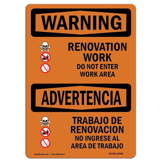 SignMission OS-WS-A-1218-L-12809 12 x 18 in. OSHA Warning Sign - Renovation Work Do Not Enter Work Area