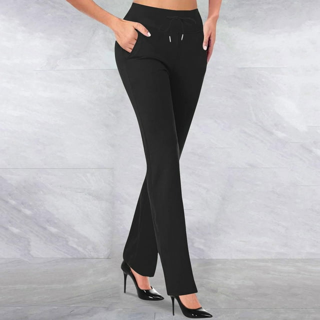 CFLVAEK Womens Office Flare Pants Casual Tummy Control Drawstring Waisted Slacks with Pocket Solid Color Work Straight Pant Casual Tall Lenth Business TrousersBlack S