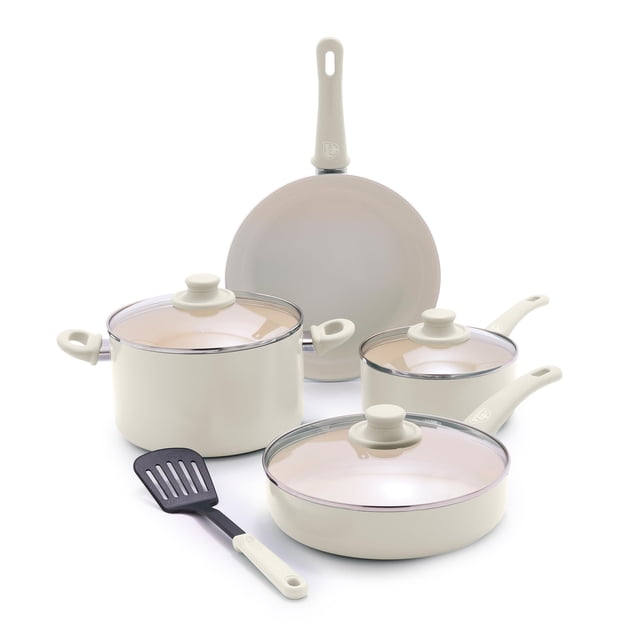 GreenLife Juego de utensilios de cocina Soft Grip de 8 piezas, antiadherente de cerámica sin PFAS, no tóxico, para freír, salsa, saltear, utensilios, tapas de vidrio, asas que se mantienen frías, sin