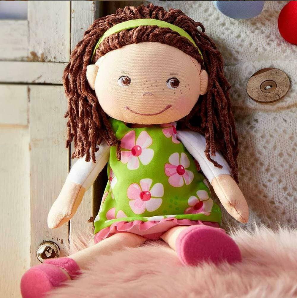 HABA Coco 12" Soft Baby Doll with Brown Hair, Embroidered Face, Removable Green Dress, Matching Headband - Machine Washable Toddler Doll - 18 Months+
