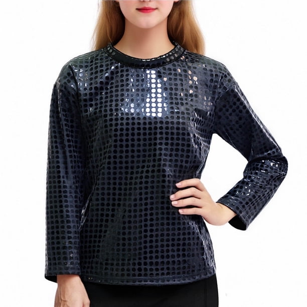 Blusas y camisas de manga larga con cuello redondo Conjunto de rendimiento con brillo para niños Camiseta versátil de manga larga con cuello redondo para niños Camiseta de poliéster para niños