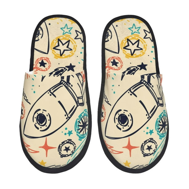 Balery Rockets Pantuflas de Casa de Felpa Silenciosas con Diseño Estampado, Zapatillas Cómodas Antideslizantes de Algodón para Interior-Medium