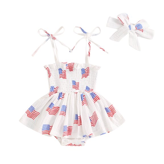 Aojekbee Baby Girl Summer Jumpsuit 4th of July Flag Print Sleeveless Romper Dress and Headband Set Cute Fashion Clothes Outfits