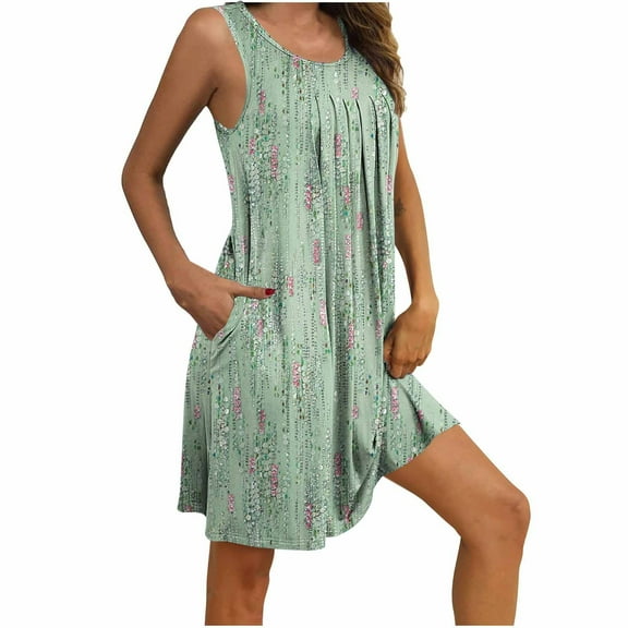 Fnooota Nightgowns for Women, Printed Sleeveless Crewneck Pleated Womens Sleepshirts Green Size XL