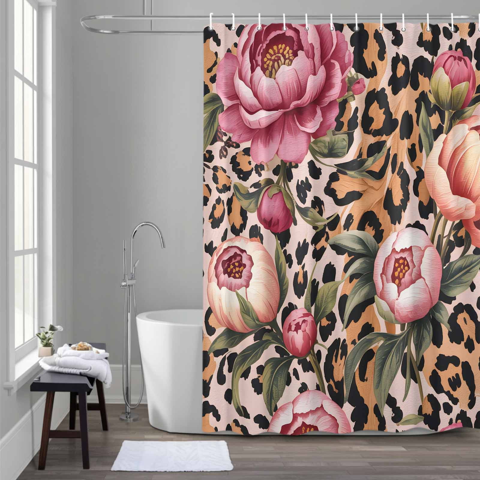 Pink Flowers Shower Curtain for Bathroom, Retro Leopard Stripes Animals Floral Plant Waterproof Cloth Fabric Bathroom Accessories Set with 12 Rust Proof Plastic Hooks, 72"x84"