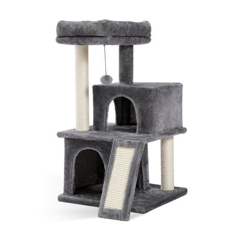 GIVIMO Cat Tree 34 Inches Cat Tower with Double Condos Perch Sisal Posts Dangling Balls Gray