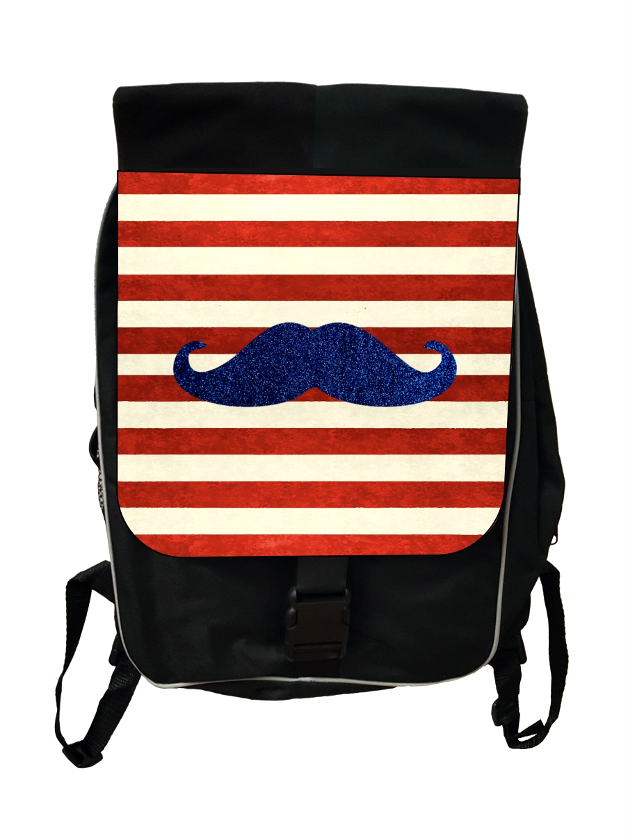 Hipster Blue Mustache on Beige and Red Stripes - Black School Backpack - image 1 of 4