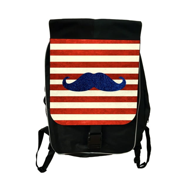 Hipster Blue Mustache on Beige and Red Stripes - Black School Backpack