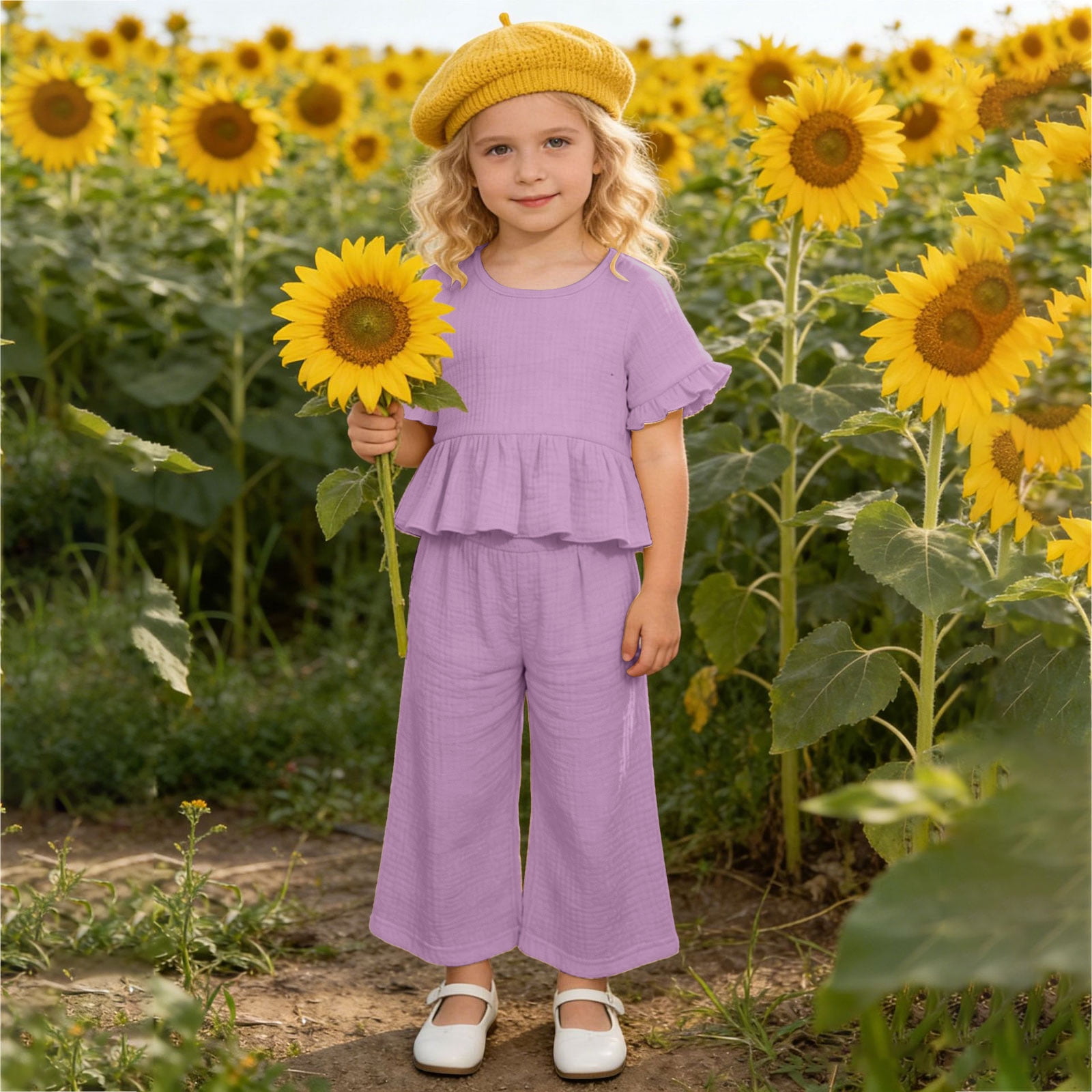 Faraee Toddler Girls Linen Outfit Ruffle Sleeve Shirt Wide Leg Pants Clothes Baby Girl Summer Beach 2 Piece Clothing Set 2t 3t 4t 5t 6t 7t Purple